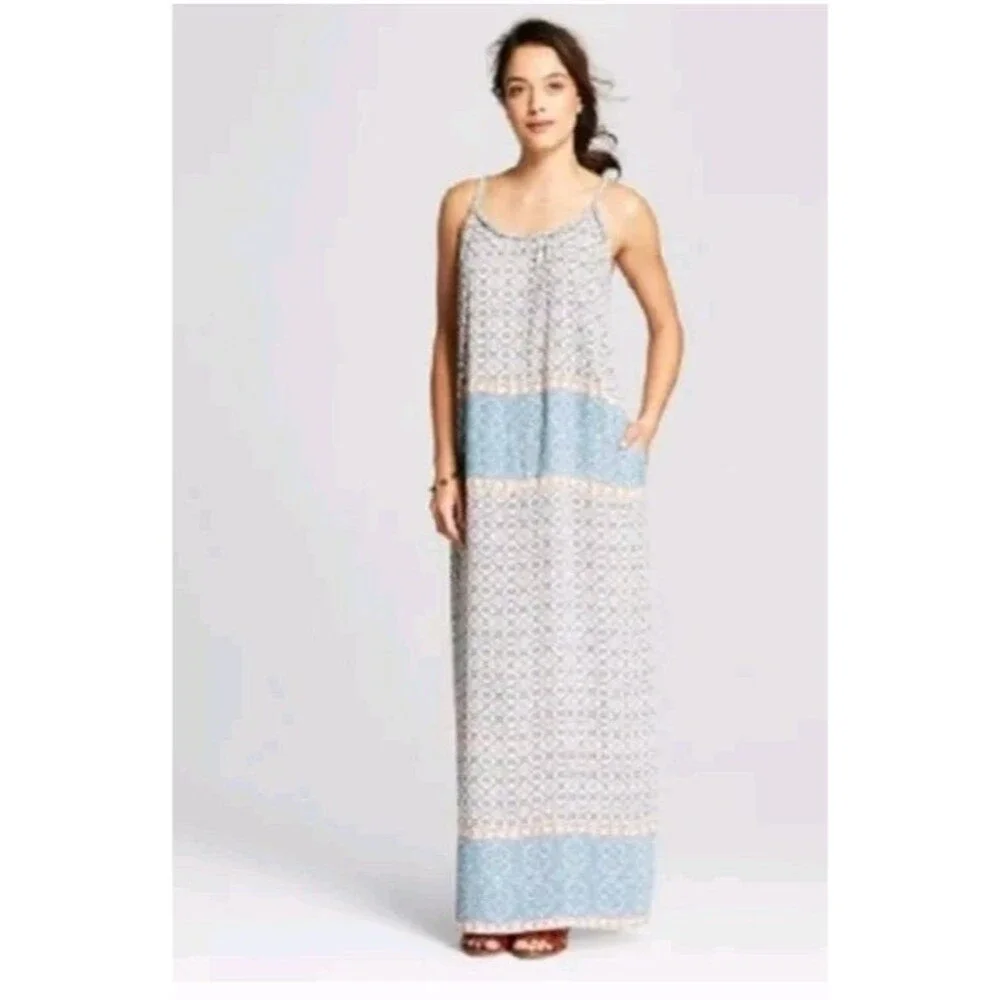Knox Rose Women’s Size XXL Boho Tile Print Maxi Dress Blue Print Slit Sleeveless - Picture 2 of 10